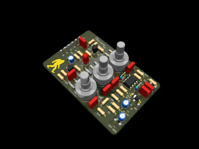 The SQUATCH TRAIL OD overdrive board, isometric, with three potentiometers and film capacitors